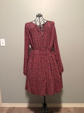 LOFT Red Floral Long-Sleeve Button-Front Dress